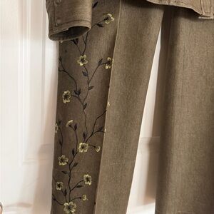 Olive colored Floral Embroidered Boot Cut designer Pants suit